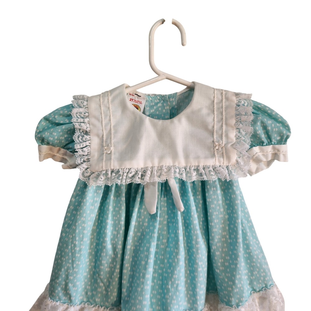Vintage Winnie The Pooh Girls Dress 2T Light Blue Polka Dot Lace Trim‎ USA Made